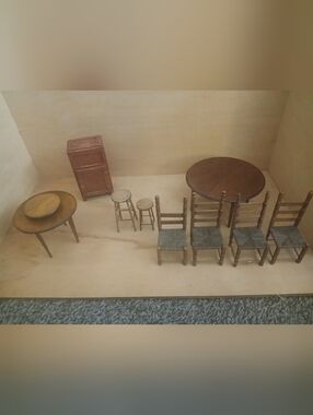 Vintage Miniature Wooden Dining Chair Table Set Stools Serving Table